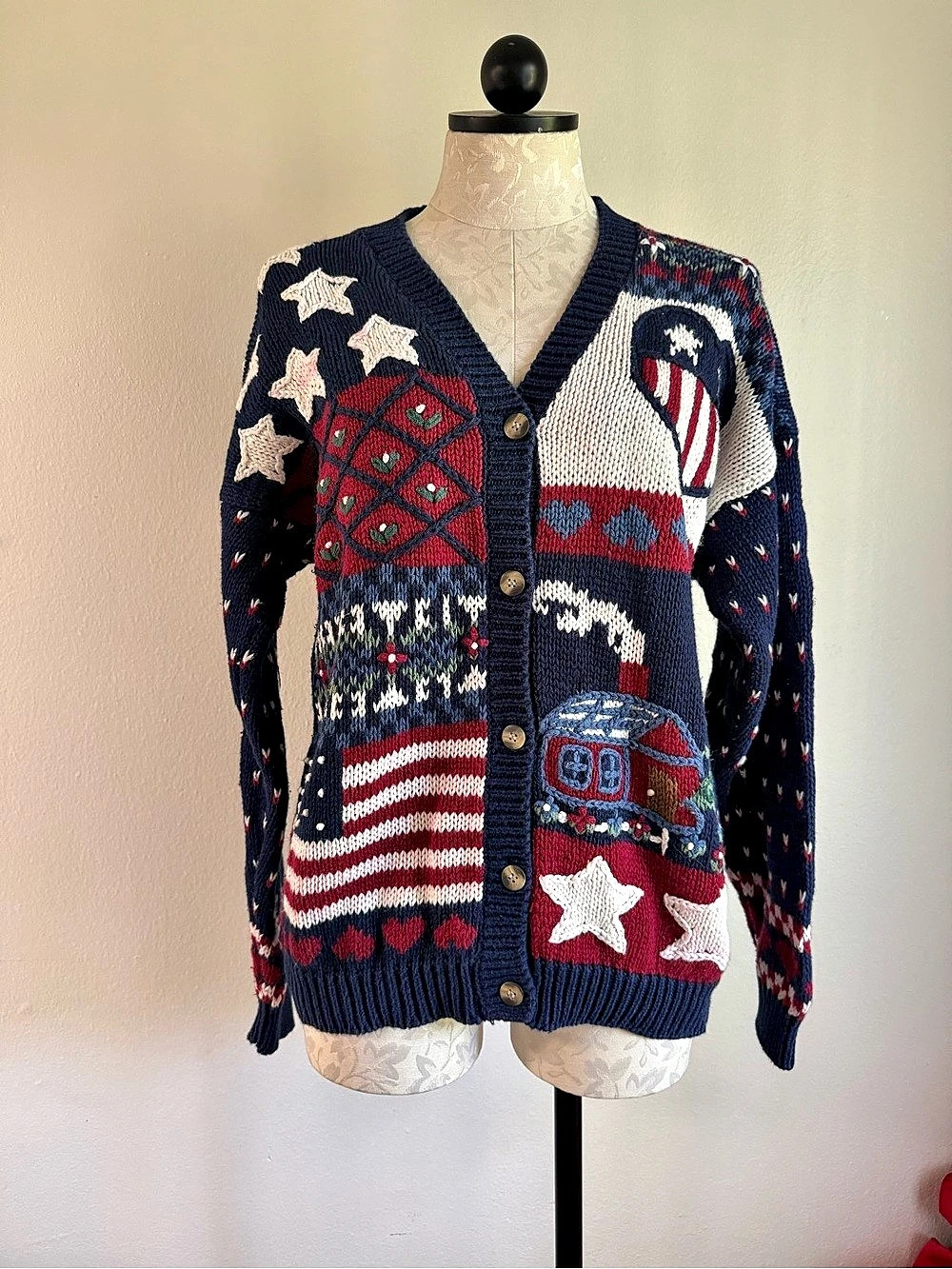 Vintage 90s Signatures by Northern Isles USA Patriotic Cabin Knit Sweater Lar